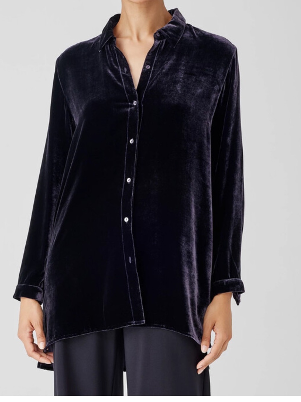 Eileen Fisher Silk Viscose Velvet Classic Collar Long Shirt Ink Black Blue Large